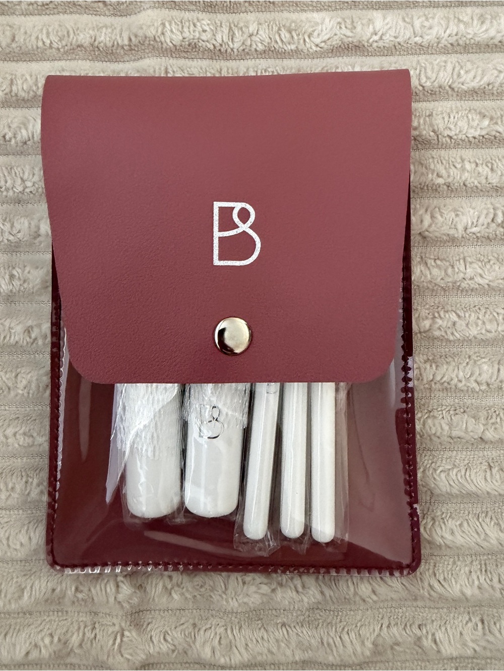 BS Logo Burgundy Makeup Brush & Tool Pouch with White Brushes
